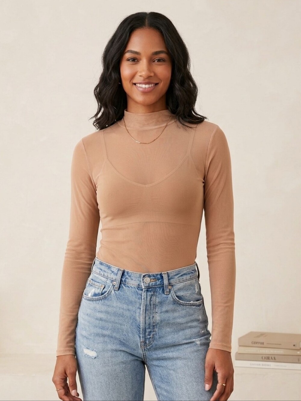 Avidlove Mock Neck Long Sleeve Sheer Mesh Light Tan Full Lenght Top. Size Large.